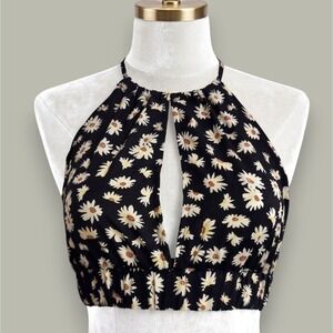 New XS Black Daisy Floral Keyhole Halter Crop Top Backless Tank Hippie Boho